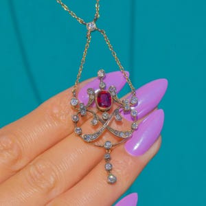 Antique 15ct Gold and Platinum Ruby & Old-Cut Diamond Necklace, 1.90ct Ruby