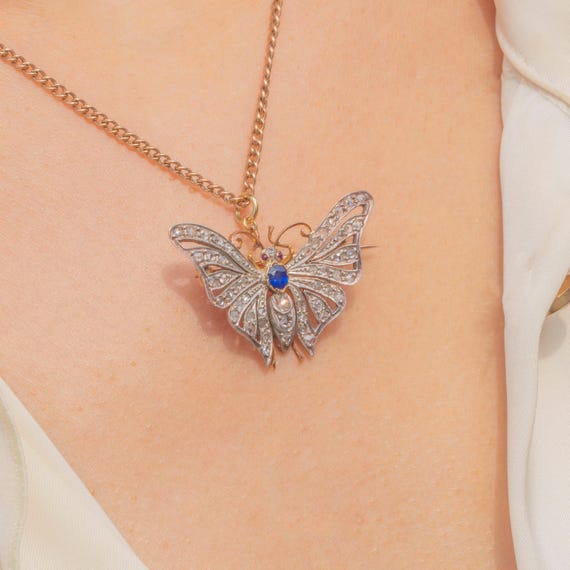 Victorian 18ct Gold Diamond Sapphire Butterfly Pendant C.1890 
