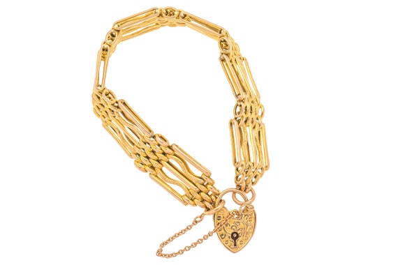 Antique 9ct Gold Gate Bracelet, Engraved Heart Pa… - image 1