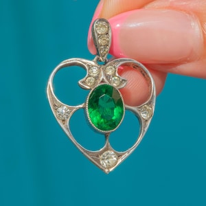 Antique European Silver Green Paste Heart Pendant