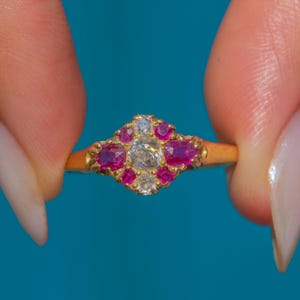 Antique 18ct Gold Ruby Diamond Cluster Ring