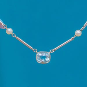 Edwardian Platinum Aquamarine & Natural Pearl Necklace