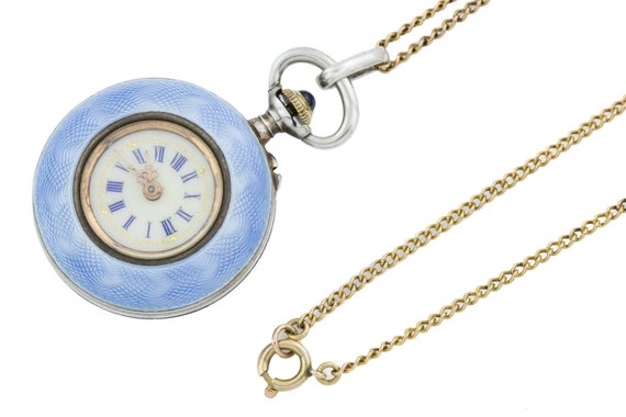 Antique Guilloche Enamel Watch Pendant, with 16" C