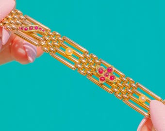 Antique 15ct Gold Ruby Pearl Gate Bracelet