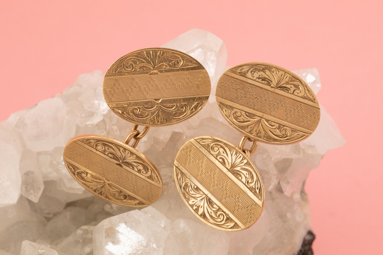 Boutons De Manchette Vintage Art Déco 14K Or Jaune - Monogramme AJF, Ovales, Occasion