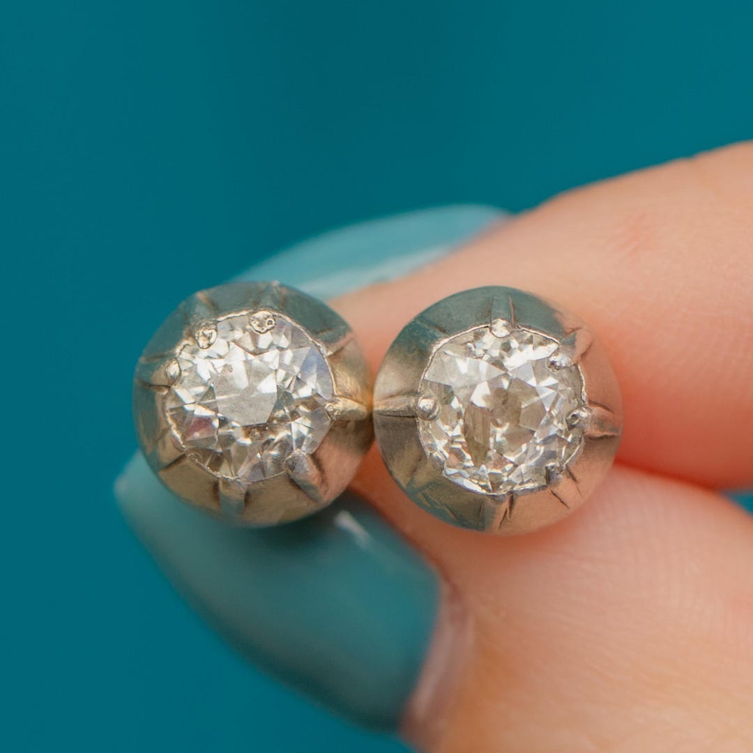Antique 15ct Gold Collet-set Old Mine-cut Diamond Stud Earrings, 1.60ct ...