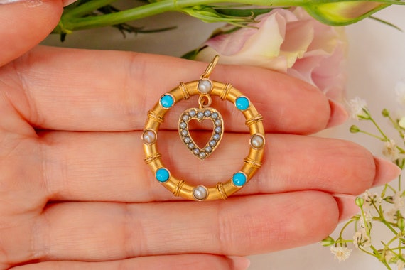 Antique 15ct Gold Heart Drop Turquoise Pearl Pend… - image 7