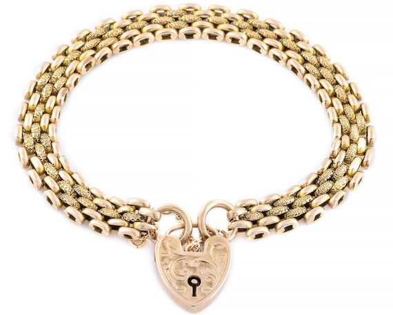 Antique 9ct Gold Gate Bracelet with Heart Padlock
