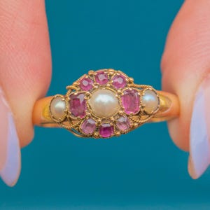 Victorian 18ct Gold Ruby Pearl Flower Ring, c.1900