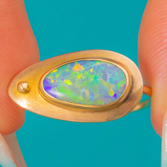 Arts & Crafts Era 14ct Gold East to West Black Opal Statement Ring