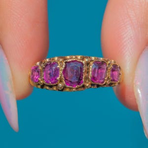 Victorian 15ct Gold Pink Rhodolite Garnet Five Stone Ring, 1.00ct