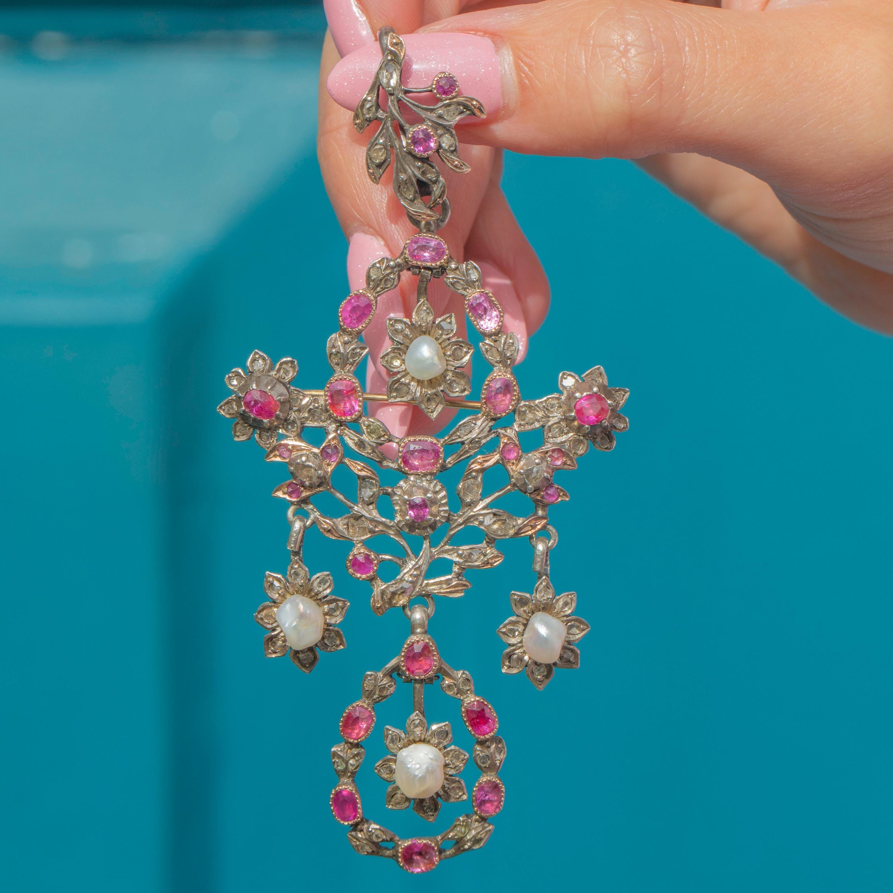 18th Century Georgian Iberian Ruby Diamond Pearl Pendant, Brooch