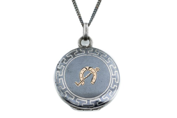 Victorian Niello Locket with Horseshoe Motif c.190