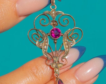 Antique 9ct Gold Rhodolite Garnet Pearl Lavalier Pendant