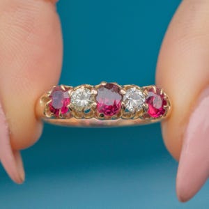 Antique 15ct Gold Ruby Diamond Five Stone Ring, 0.50ct Rubies