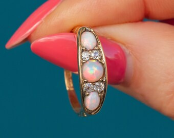 Antique 18ct Gold Opal Diamond Boat Ring