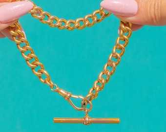 Edwardian 9ct Gold Curb Bracelet with Dog-Clip & T-Bar
