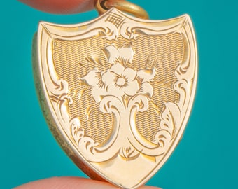 Medallón con forma de escudo grabado en oro de 9 quilates