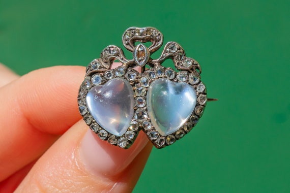 Rare Victorian Moonstone Cabochon Diamond Bow Heart Brooch Etsy