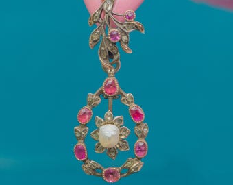 18th Century Georgian Iberian Ruby Diamond Pearl Pendant, Brooch