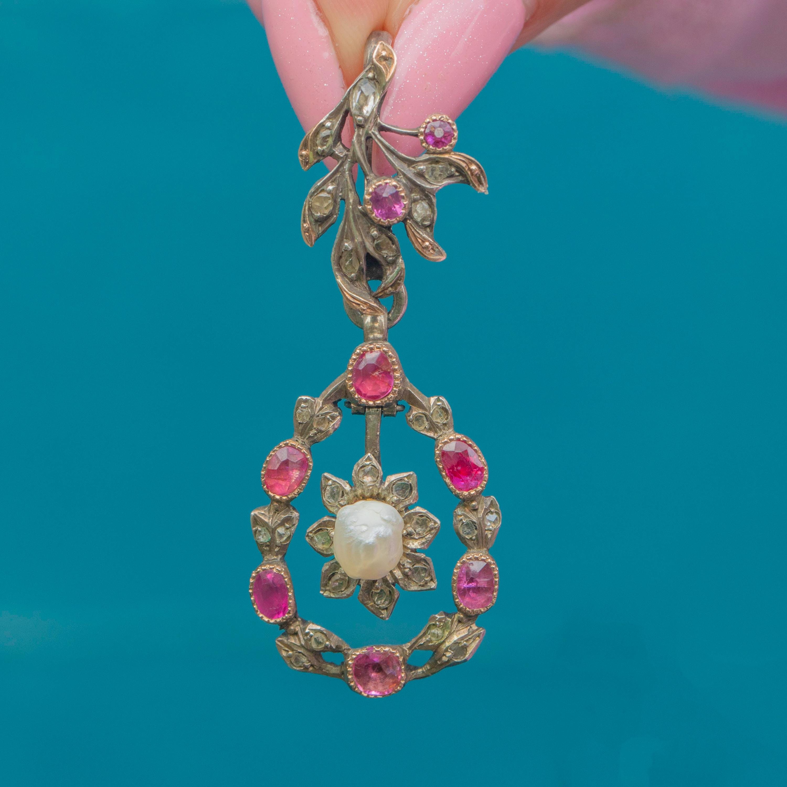 18th Century Georgian Iberian Ruby Diamond Pearl Pendant, Brooch