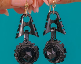 Victorian Carved Whitby Jet Drop Earrings