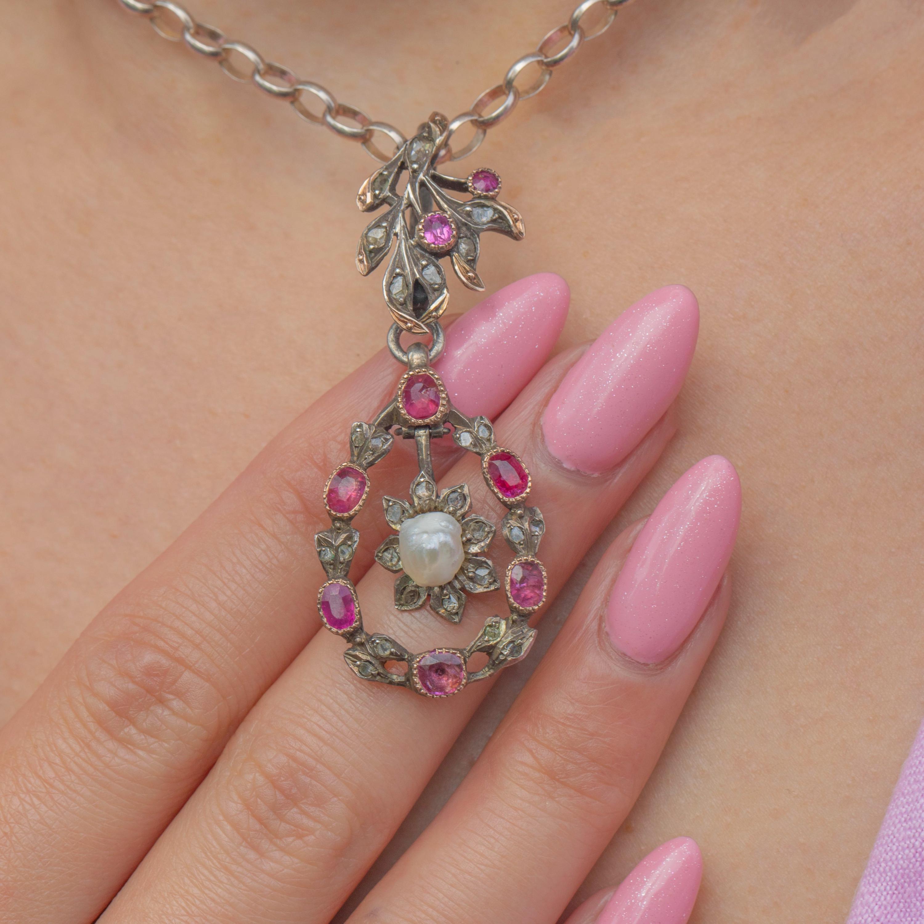 18th Century Georgian Iberian Ruby Diamond Pearl Pendant, Brooch