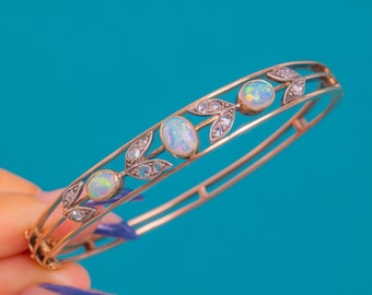 Antique 9ct Gold Opal & Rose-Cut Diamond Bangle in Box