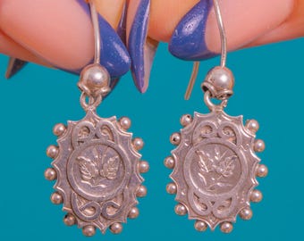 Antique Victorian Silver Leaf Engraved Drop Earrings