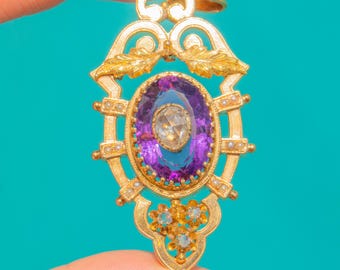 18ct Gold Rose-Cut Diamond Amethyst Pendant, 0.70ct Diamond