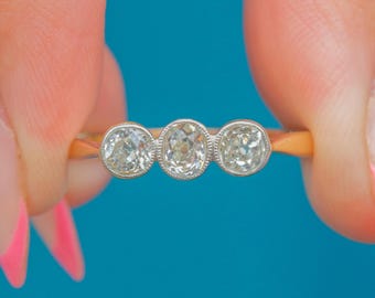 Antique 18ct Gold & Platinum Bezel-Set Old Mine Cut Diamond Trilogy Ring, 0.54ct