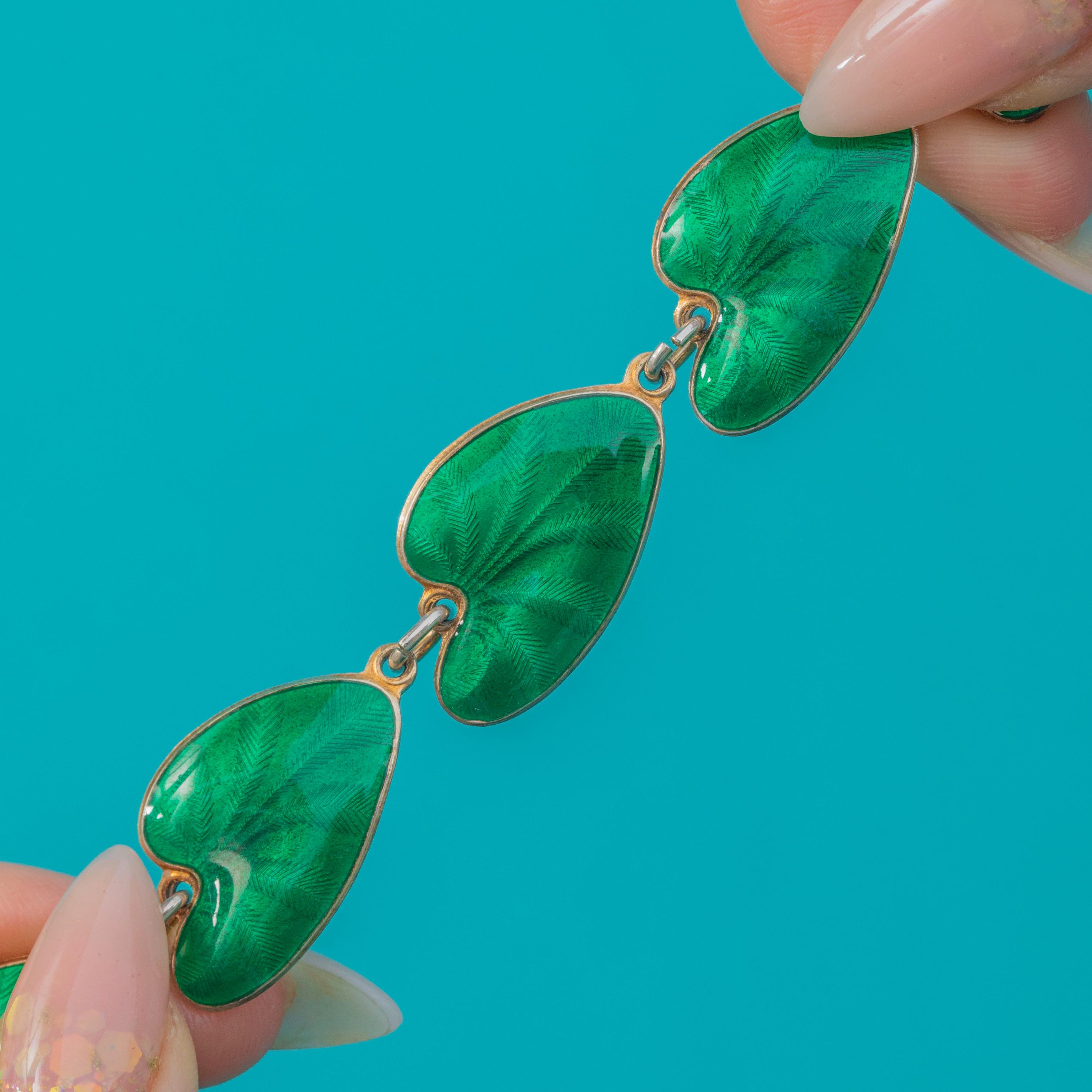 20th Century Vintage Silver Enamel Lilypad Leaf Bracelet Att