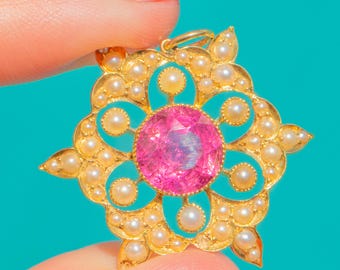 Edwardian 18ct Gold 4.00ct Pink Tourmaline & Pearl Pendant