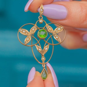 Art Nouveau 9ct Gold Pearl & Green Paste Lavalier Pendant