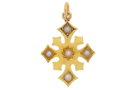 Antique 18ct Gold Pearl Cross Pendant - Gem
