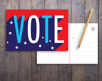 May include: A red, white, and blue postcard with the word "VOTE" in large, bold letters. The background is a navy blue with white stars. The postcard has a blank space for a message and a place for a stamp.