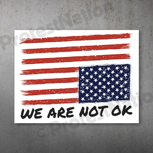 May include: A distressed American flag with the stars and stripes reversed. The flag is white with red stripes and a blue field of stars. The text "WE ARE NOT OK" is printed below the flag.
