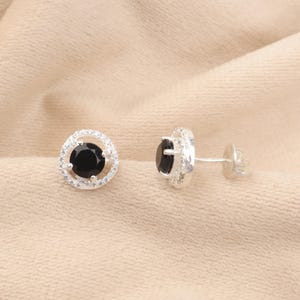 Black Onyx Gemstone Silver Earring, 925 Sterling Silver Stud Earring, CZ Stud Earrings 0.41&quot;, Push Back Studs, July Birthstone, Gift For Her