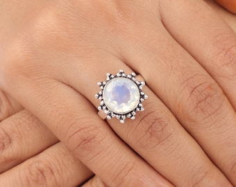 White Milky Opal Gemstone Silver Ring, 925 Sterling Silver Ring, Opal Birthstone Ring, Faceted Gemstone Ring, Handmade Ring, Gift For Her