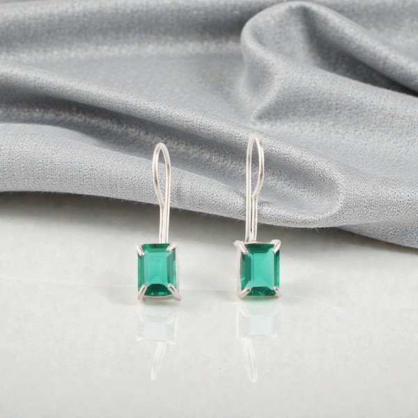 Green Emerald Dangle Earrings | Prong Set 925 Sterling Silver | Handmade Emerald Drop Earrings | May Birthstone