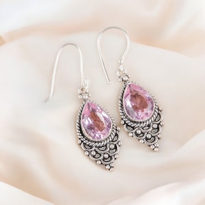 Morganite 925 Sterling Silver Earrings, Pink Morganite Earrings, Morganite Dangle Earrings, 10X14mm Pear Stone Earrings, Gift For Girlfriend