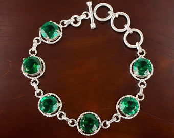 Green Emerald Women's Silver Bracelet, 925 Sterling Silver Prong Set Bracelet, Handmade Bracelet Jewelry, May Birthstone, Bracelet For Women