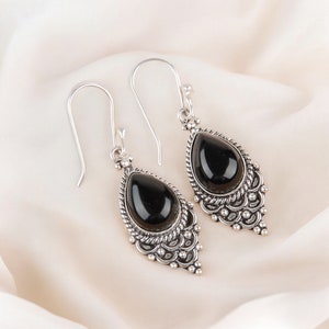 Black Onyx Earrings, Onyx Earrings For Women, 925 Sterling Silver Earrings, Hook Earrings, Silver Dangle Earrings, Anniversary Gift For Wife