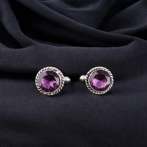 Faceted African Amethyst Gemstone Cufflinks, 925 Solid Sterling Silver Oxidized Jewelry, Best Gift For Husband, Modern & Timeless Design