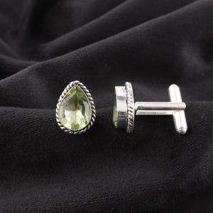 Green Amethyst Gemstone Silver Cufflink, 925 Sterling Silver, Men&#39;s Suit Cufflink 0.67&quot;, Wedding Groom Cufflink, Unique Cufflink For Men