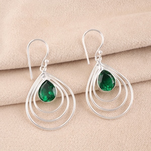 Boucles d&#39;oreilles en pierres précieuses émeraude verte naturelle, Boucle d&#39;oreille en argent sterling 925 pour femme, Boucle d&#39;oreille pendante élégante, Pierre de naissance en mai, Cadeau d&#39;anniversaire