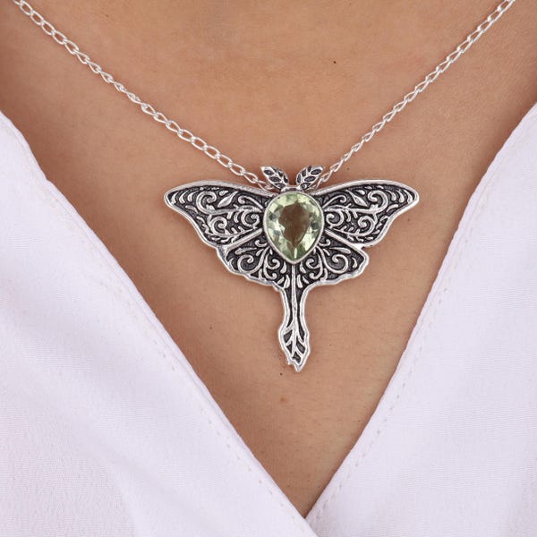 Green Amethyst Butterfly Pendant 925 Solid Silver Gemstone Pendant 1.2", Handcrafted Pendant For Women, Oxidized Jewelry, Anniversary Gift