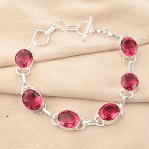 Pink Tourmaline Gemstone Silver Bracelet, 925 Sterling Silver, Elegant Partywear Bracelet 7-9&quot;, Gift For Her, October Birthstone, Gift Item