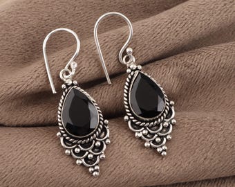 Handmade Black Onyx Earrings, 925 Sterling Silver Earrings, Onyx Dangle Earrings, Birthstone Jewelry, March Birthstone, Engagement Gift
