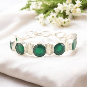 Green Onyx Gemstone Silver Bracelet, 925 Sterling Silver, Unique Partywear Bracelet For Women 7-9&quot;, May Birthstone, Wedding Gift Jewelry